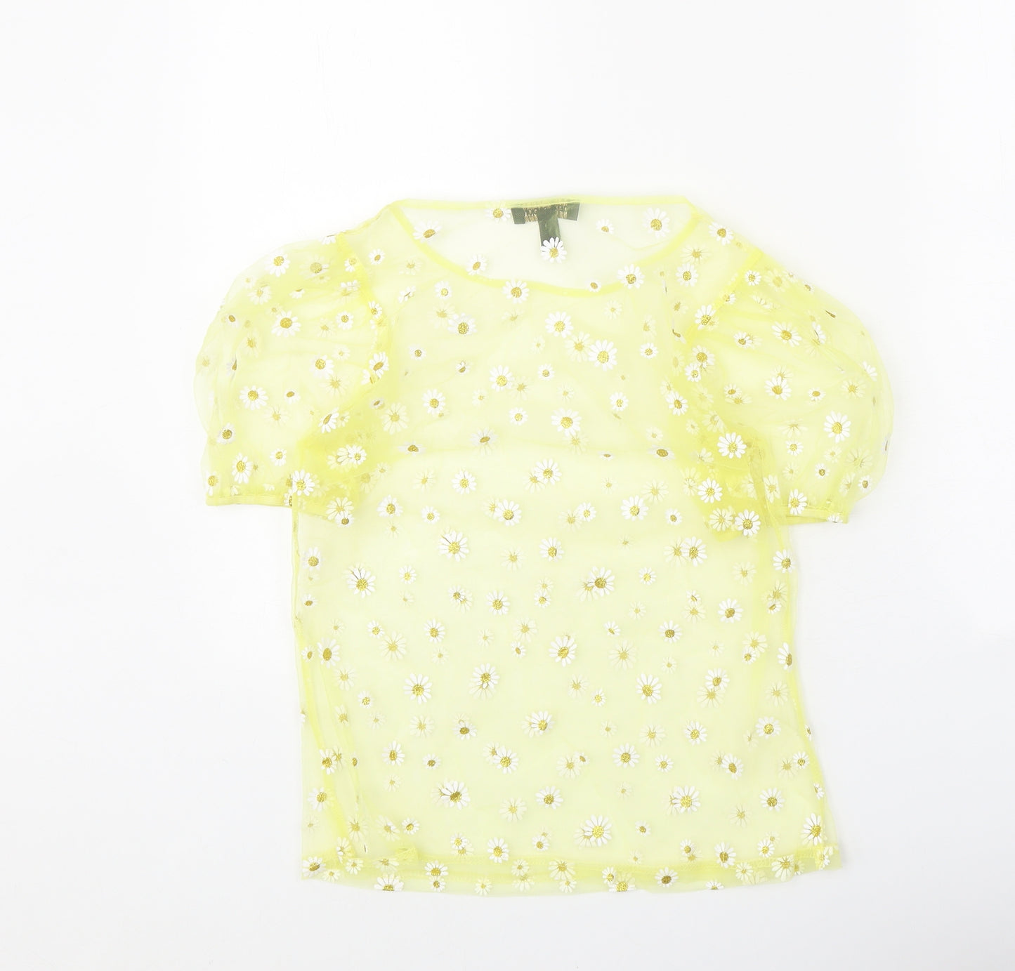 QED London Womens Yellow Floral Polyester Basic T-Shirt Size 8 Round Neck