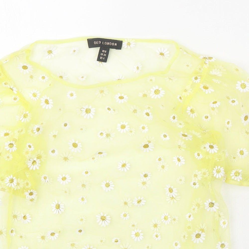 QED London Womens Yellow Floral Polyester Basic T-Shirt Size 8 Round Neck
