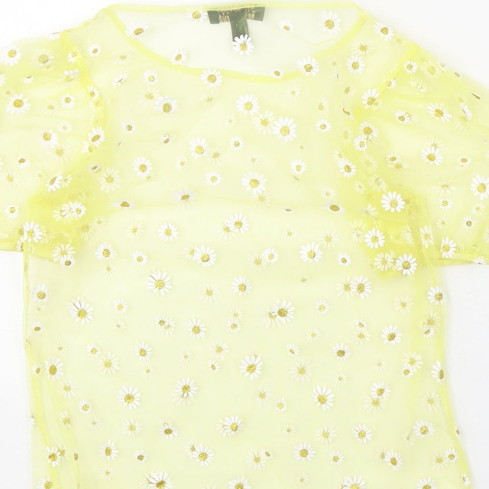 QED London Womens Yellow Floral Polyester Basic T-Shirt Size 8 Round Neck