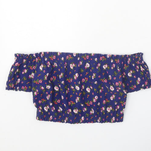 Topshop Womens Blue Floral Cotton Cropped Blouse Size 6 Off the Shoulder