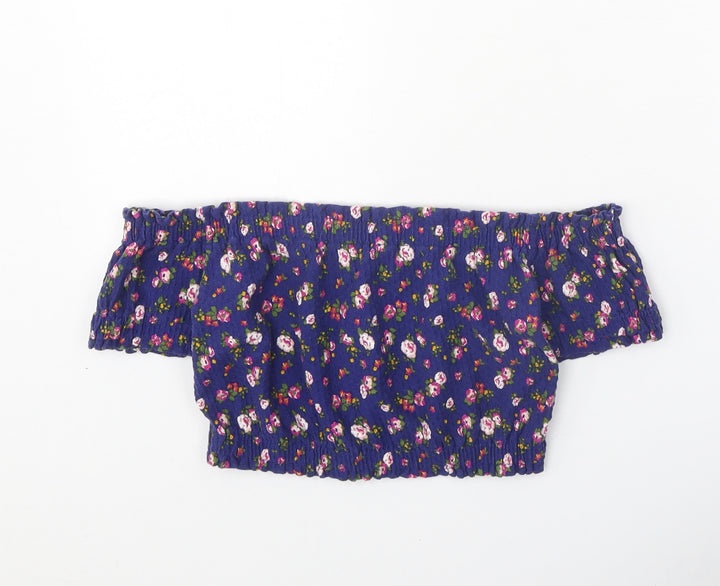 Topshop Womens Blue Floral Cotton Cropped Blouse Size 6 Off the Shoulder