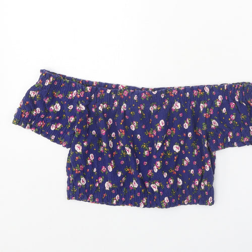 Topshop Womens Blue Floral Cotton Cropped Blouse Size 6 Off the Shoulder