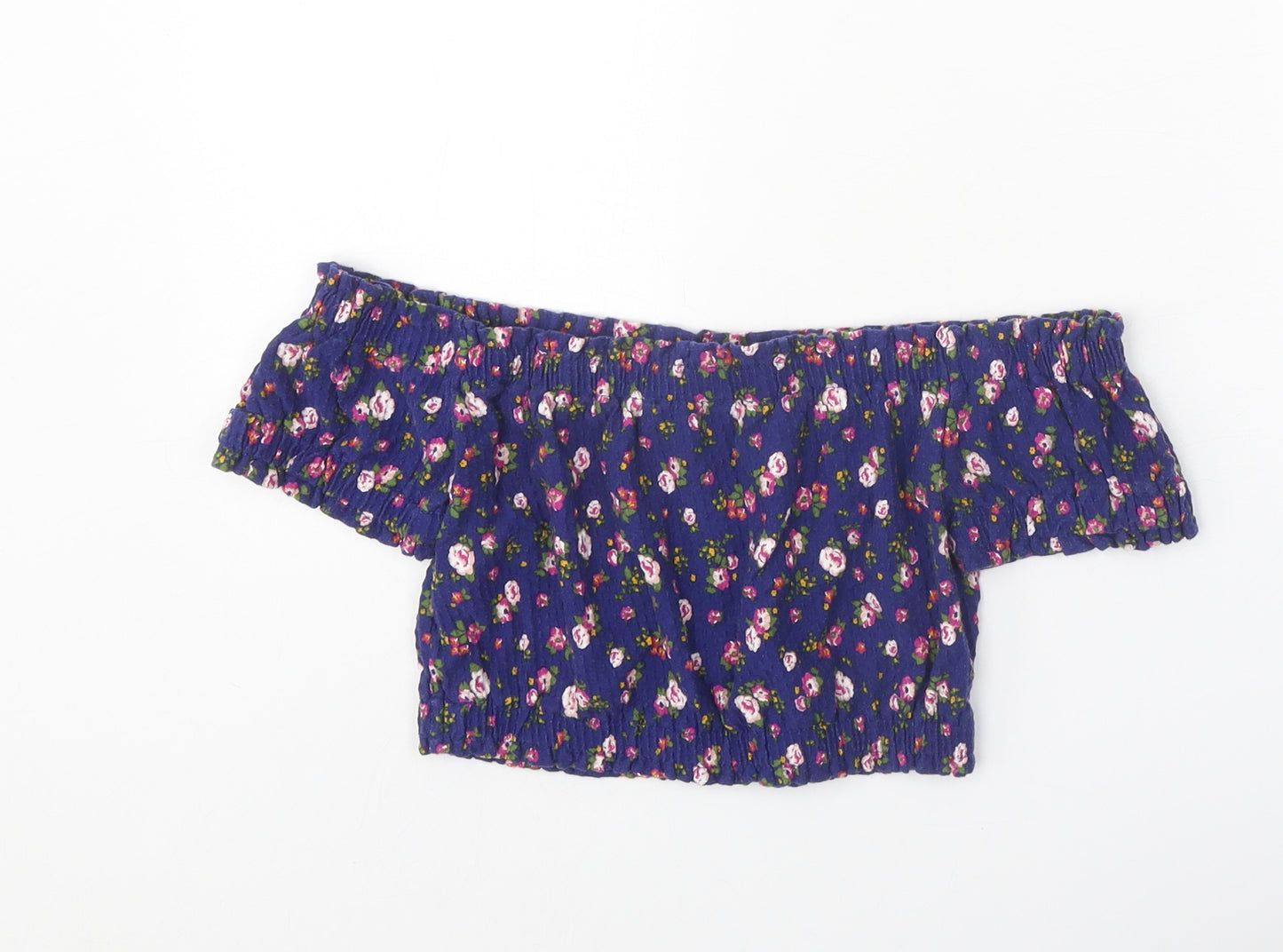 Topshop Womens Blue Floral Cotton Cropped Blouse Size 6 Off the Shoulder