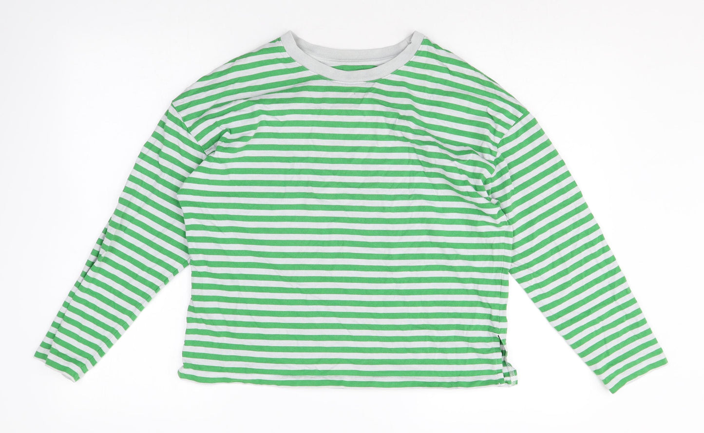 John Lewis Womens Green Striped Cotton Basic T-Shirt Size 14 Round Neck
