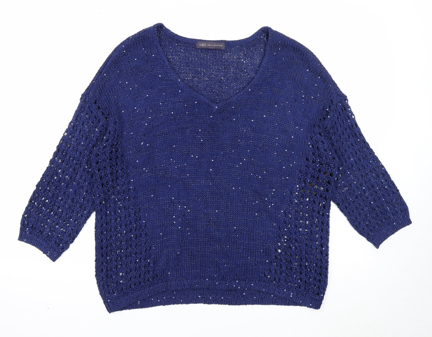 Marks and Spencer Womens Blue V-Neck Cotton Pullover Jumper Size 12