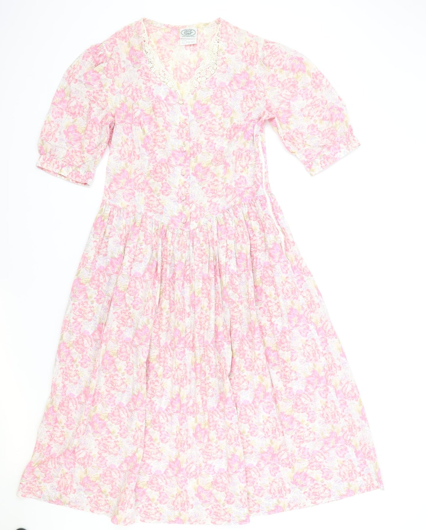 Laura Ashley Womens Pink Floral Cotton A-Line Size 14 V-Neck Zip - Lace Detail