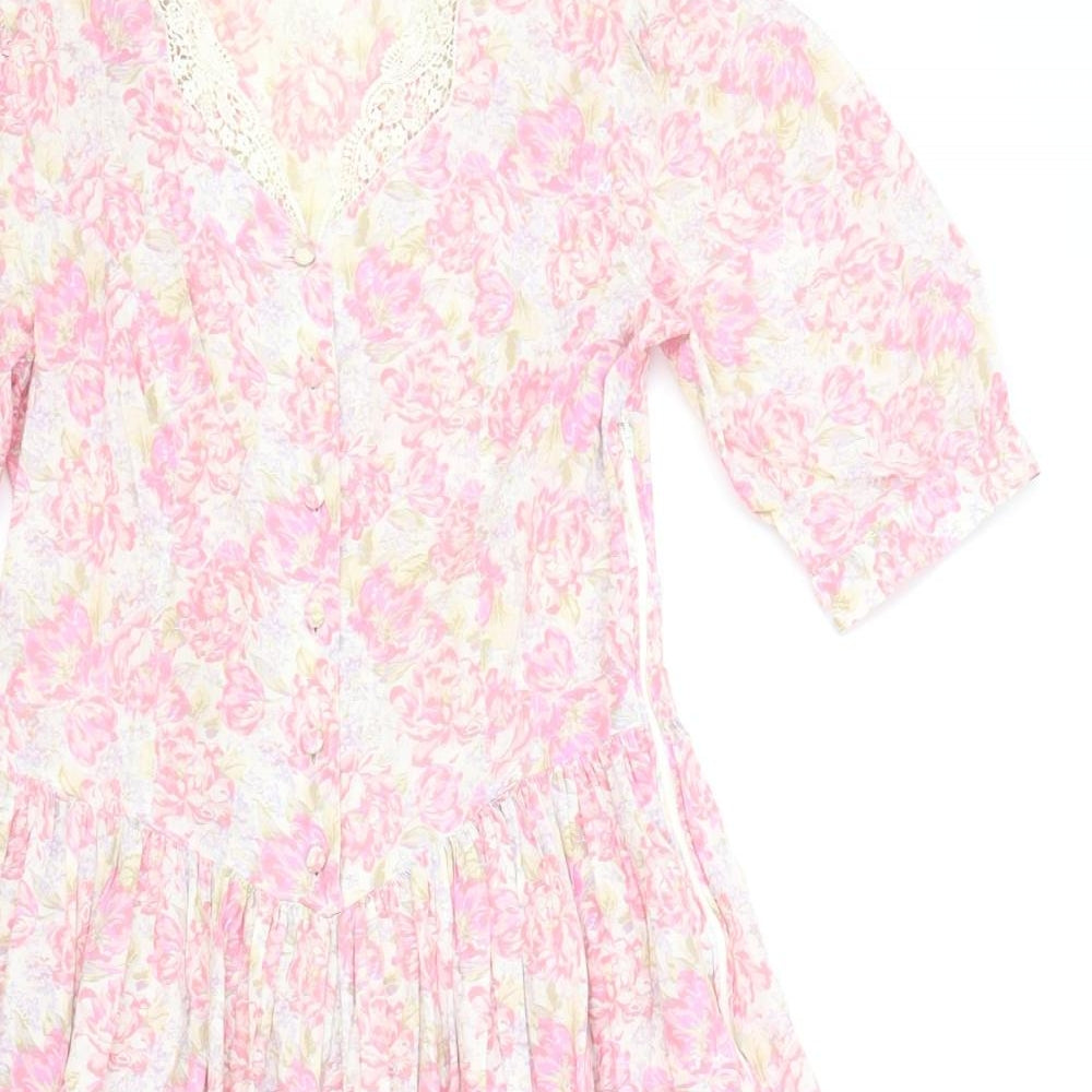 Laura Ashley Womens Pink Floral Cotton A-Line Size 14 V-Neck Zip - Lace Detail