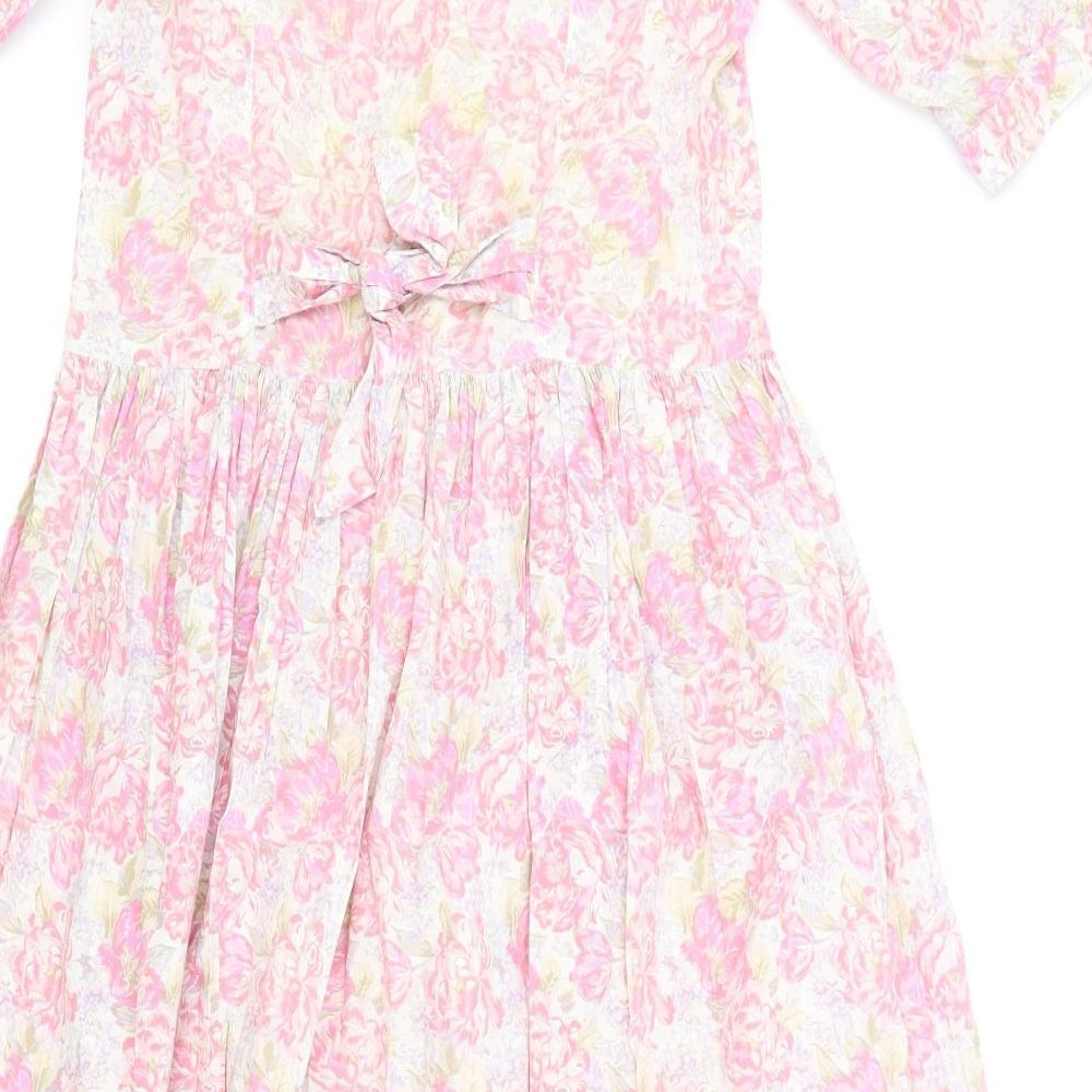Laura Ashley Womens Pink Floral Cotton A-Line Size 14 V-Neck Zip - Lace Detail