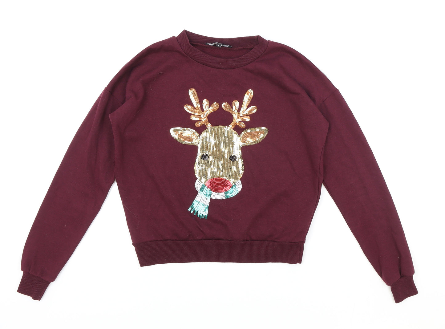 New Look Girls Red Cotton Pullover Sweatshirt Size 9 Years Pullover - Christmas Reindeer