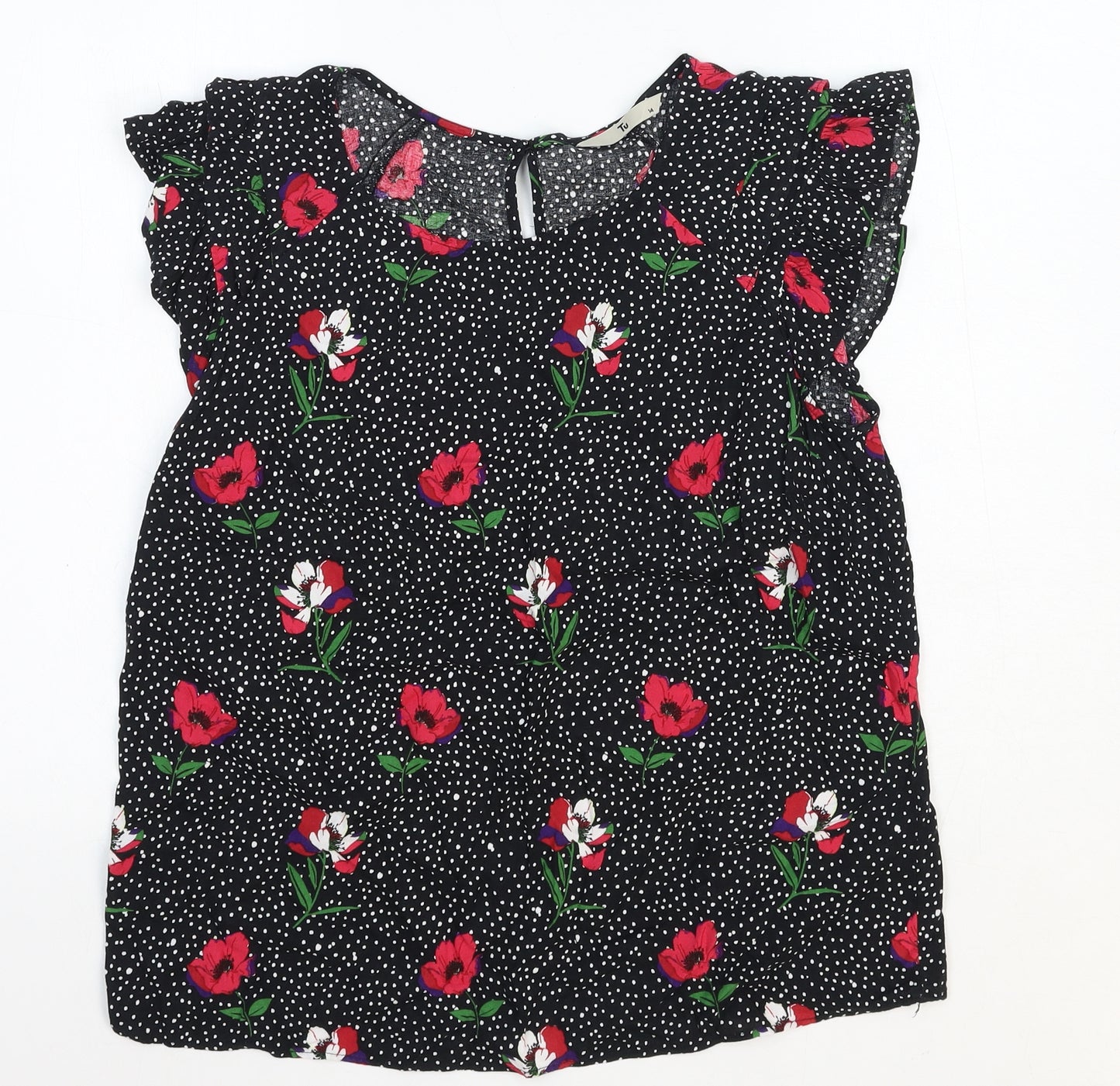 TU Womens Black Floral Cotton Basic Blouse Size 14 Scoop Neck