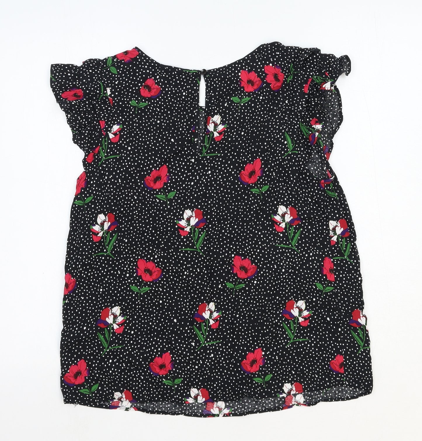 TU Womens Black Floral Cotton Basic Blouse Size 14 Scoop Neck