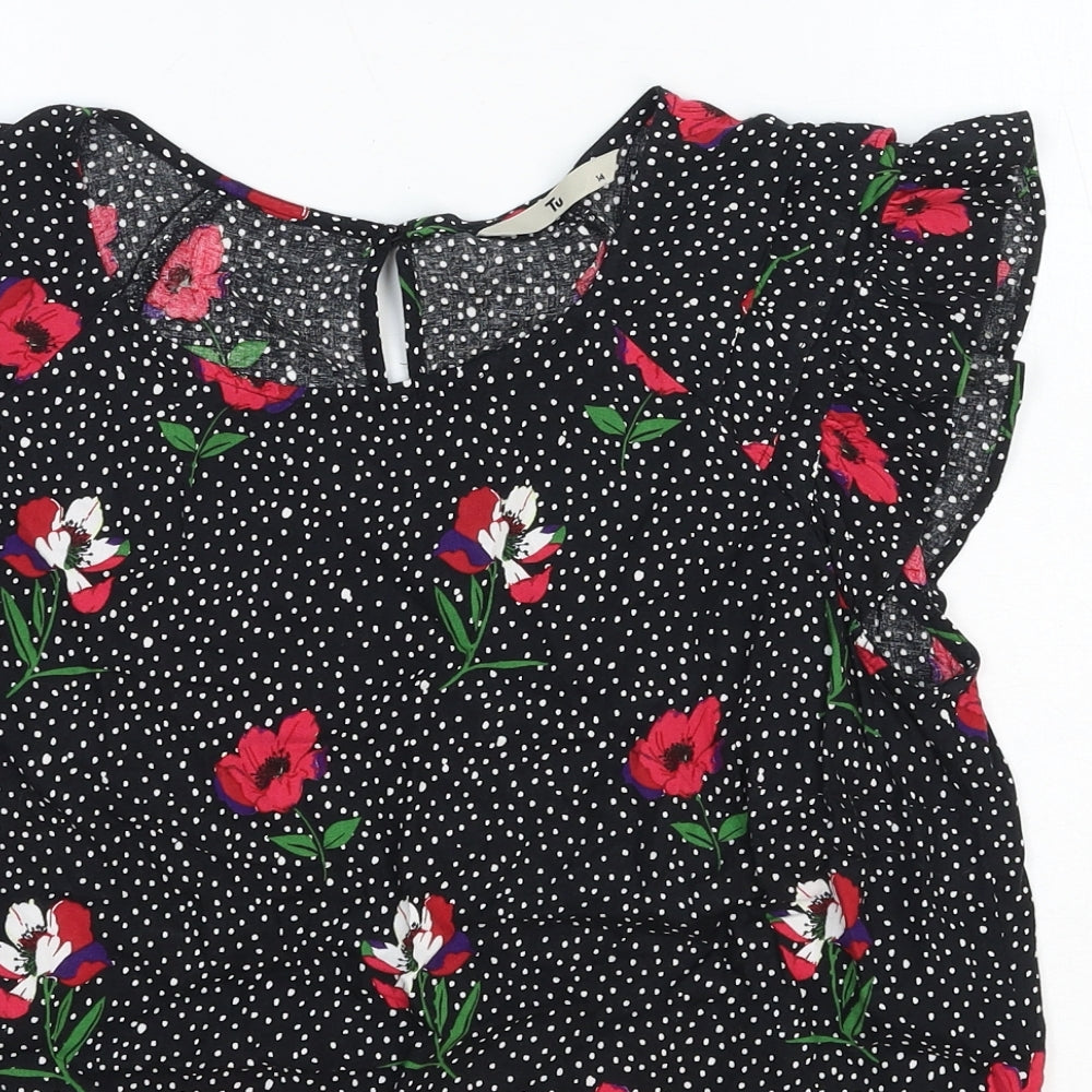 TU Womens Black Floral Cotton Basic Blouse Size 14 Scoop Neck