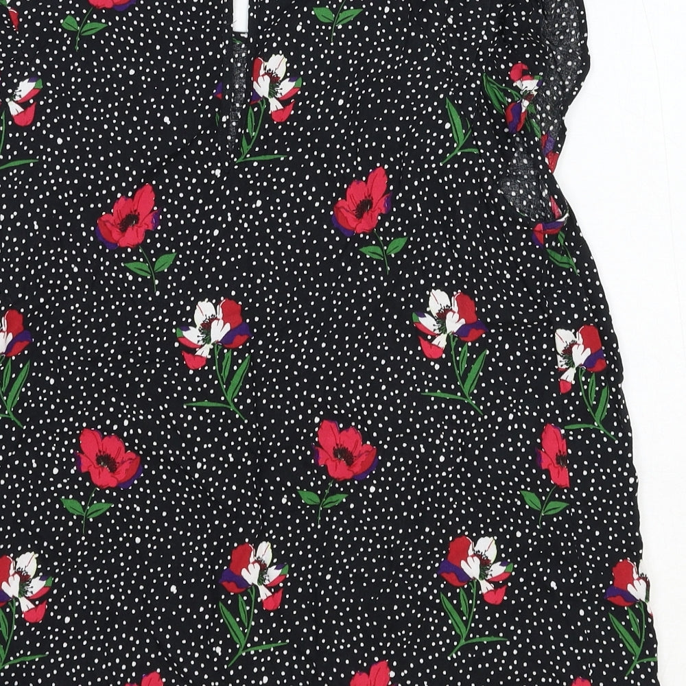 TU Womens Black Floral Cotton Basic Blouse Size 14 Scoop Neck
