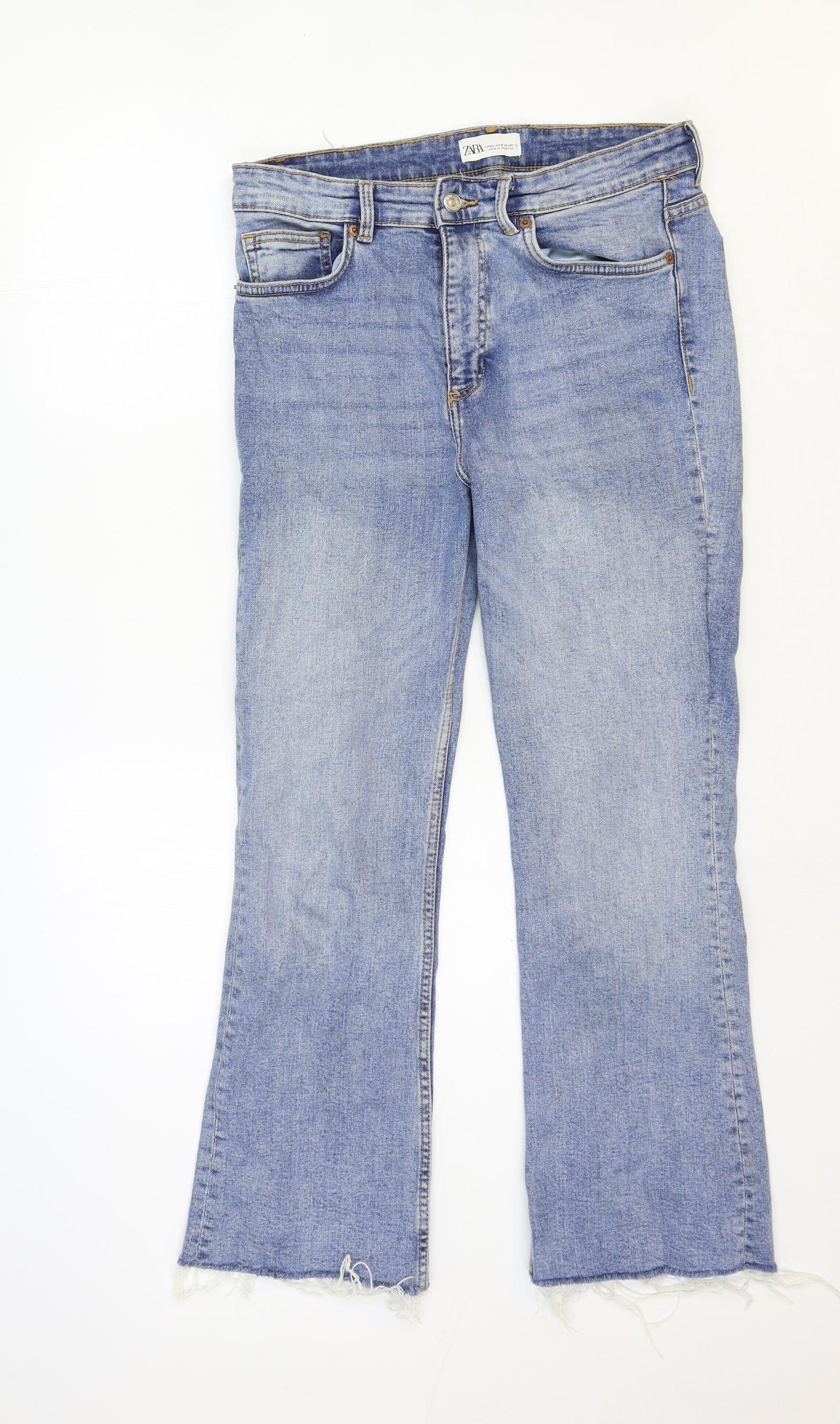 Zara Womens Blue Cotton Bootcut Jeans Size 14 Regular Zip - Distressed Hems