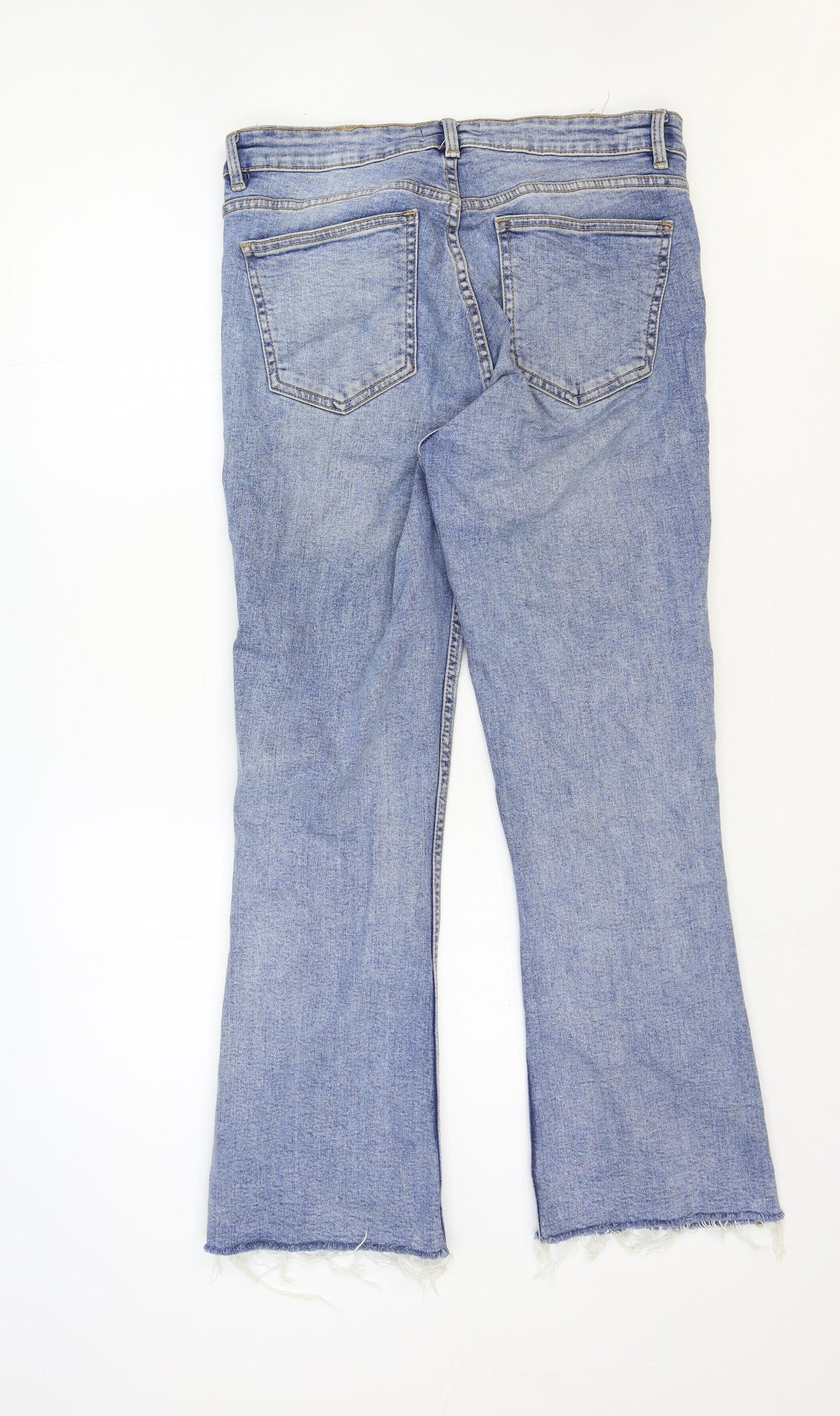 Zara Womens Blue Cotton Bootcut Jeans Size 14 Regular Zip - Distressed Hems