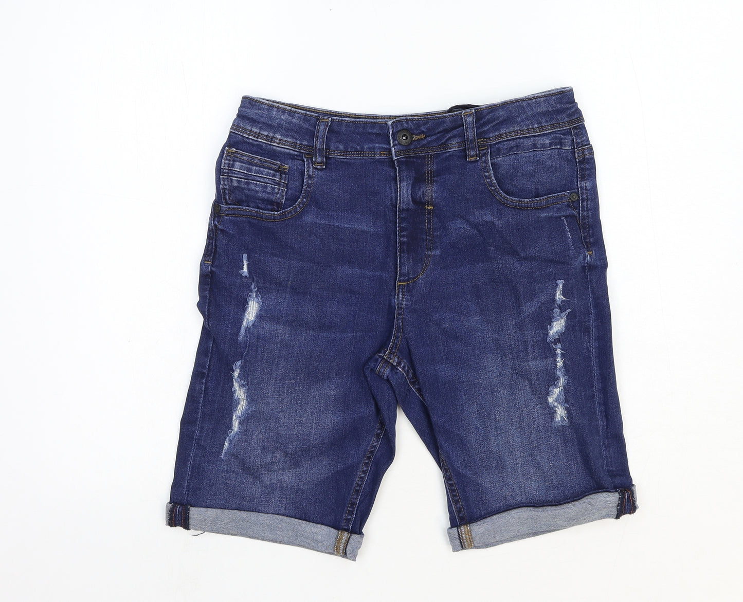 Denim & Co. Girls Blue Cotton Bermuda Shorts Size 13-14 Years Regular Zip - Distressed