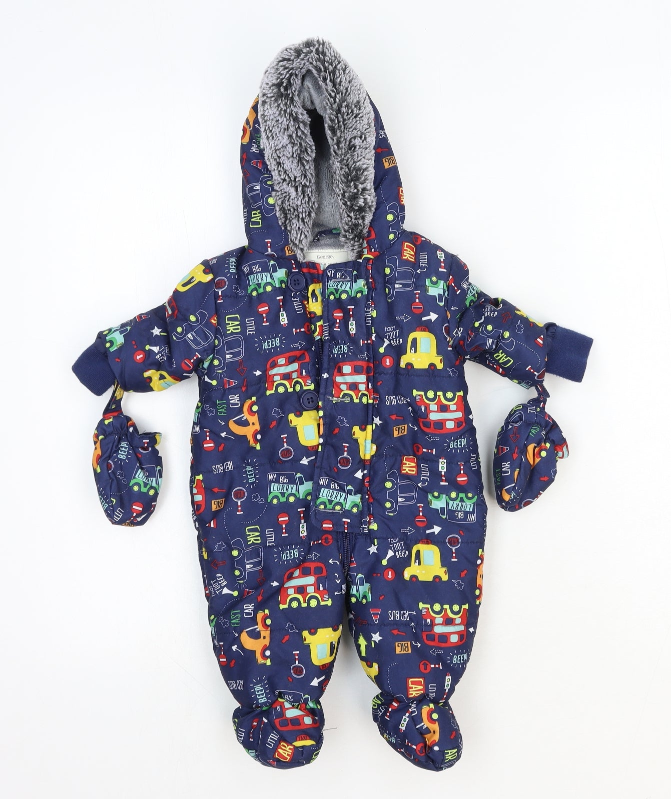 George Girls Blue Geometric Puffer Jacket Snowsuit Size 0-3 Months Zip - Mittens Included
