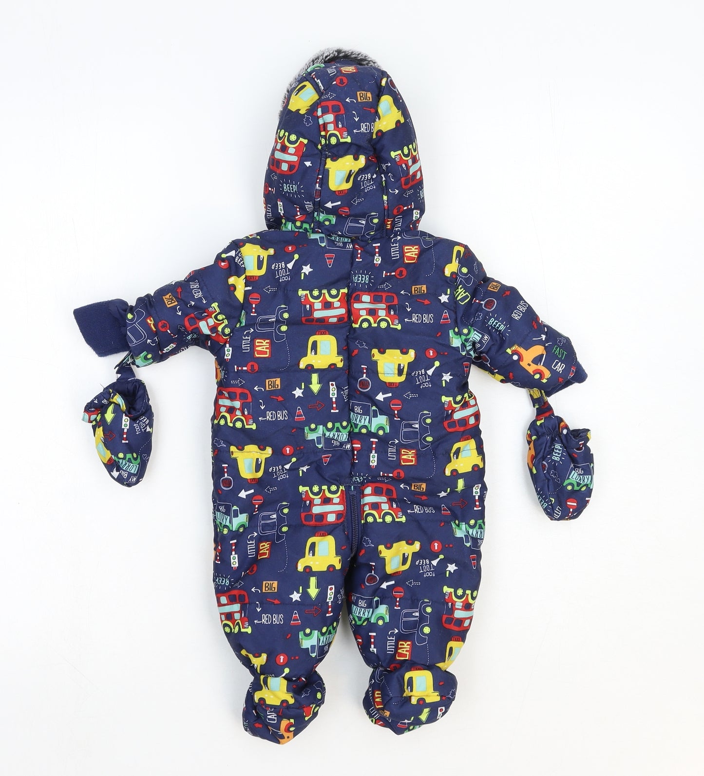 George Girls Blue Geometric Puffer Jacket Snowsuit Size 0-3 Months Zip - Mittens Included