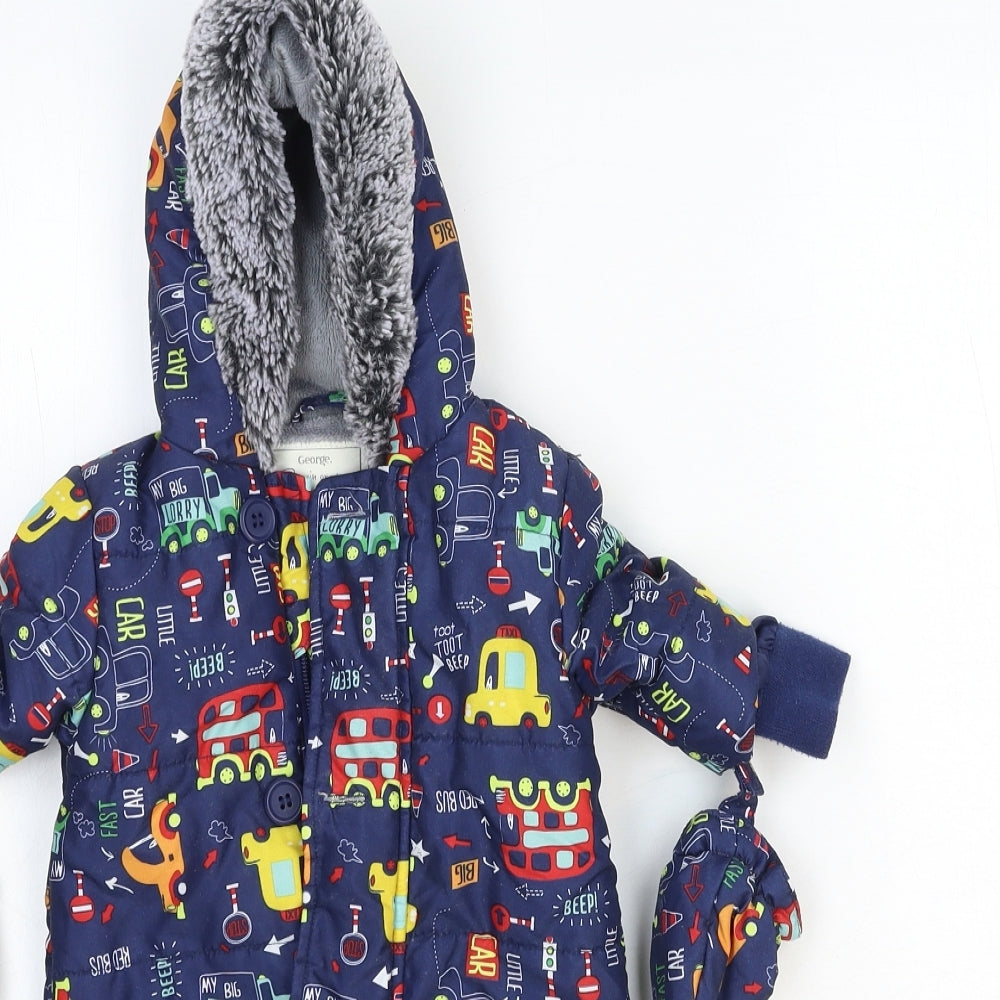 George Girls Blue Geometric Puffer Jacket Snowsuit Size 0-3 Months Zip - Mittens Included