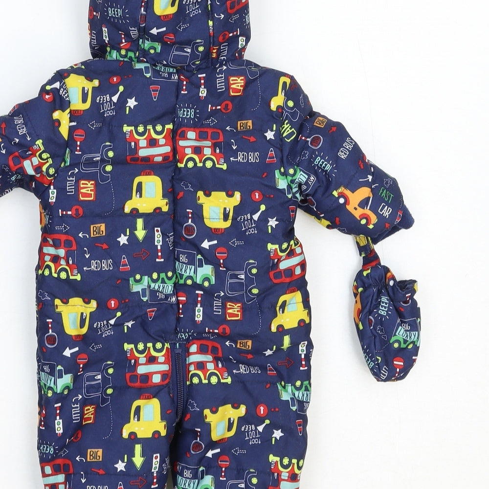 George Girls Blue Geometric Puffer Jacket Snowsuit Size 0-3 Months Zip - Mittens Included