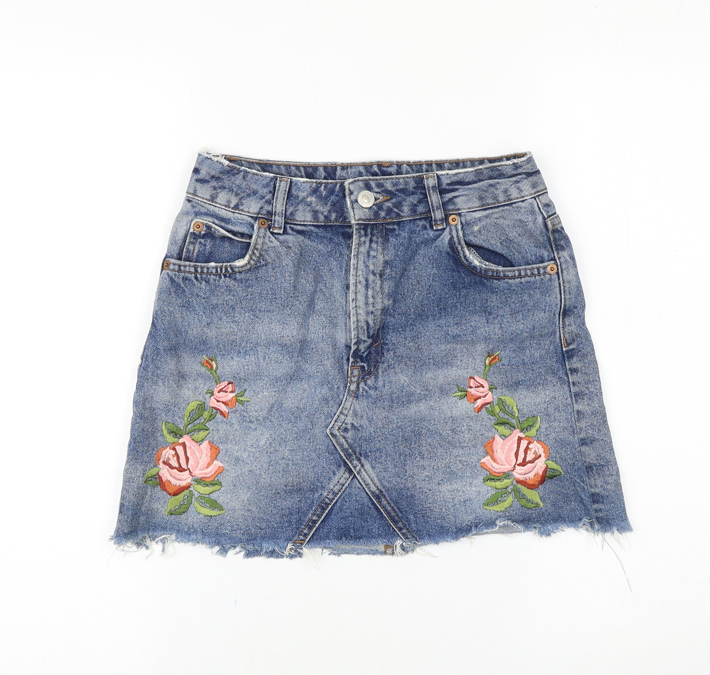 Topshop Womens Blue Cotton Mini Skirt Size 26 in Zip - Floral Detail