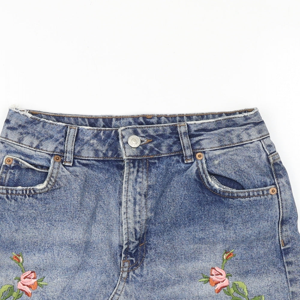 Topshop Womens Blue Cotton Mini Skirt Size 26 in Zip - Floral Detail