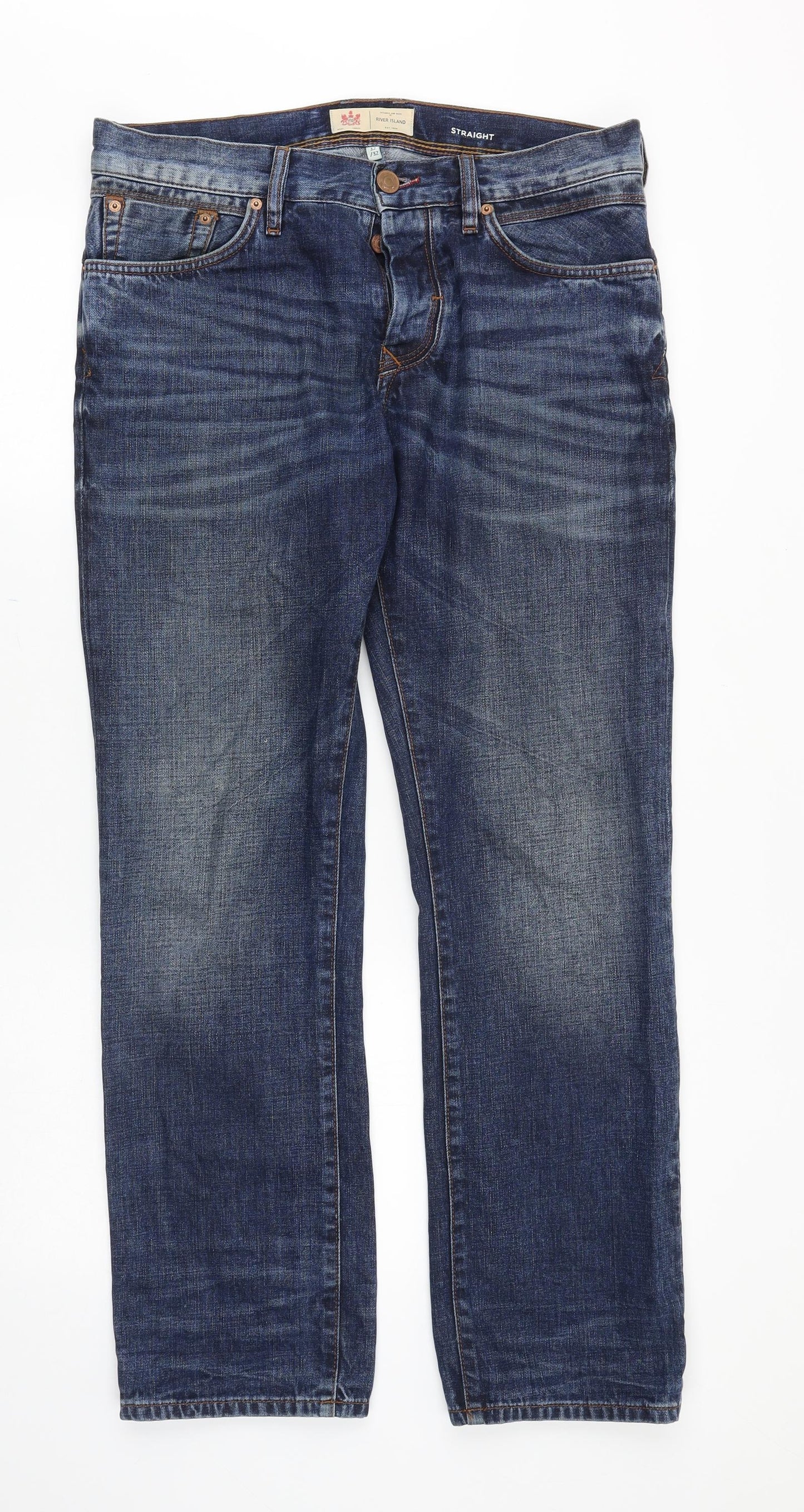River Island Mens Blue Cotton Straight Jeans Size 32 in Regular Button