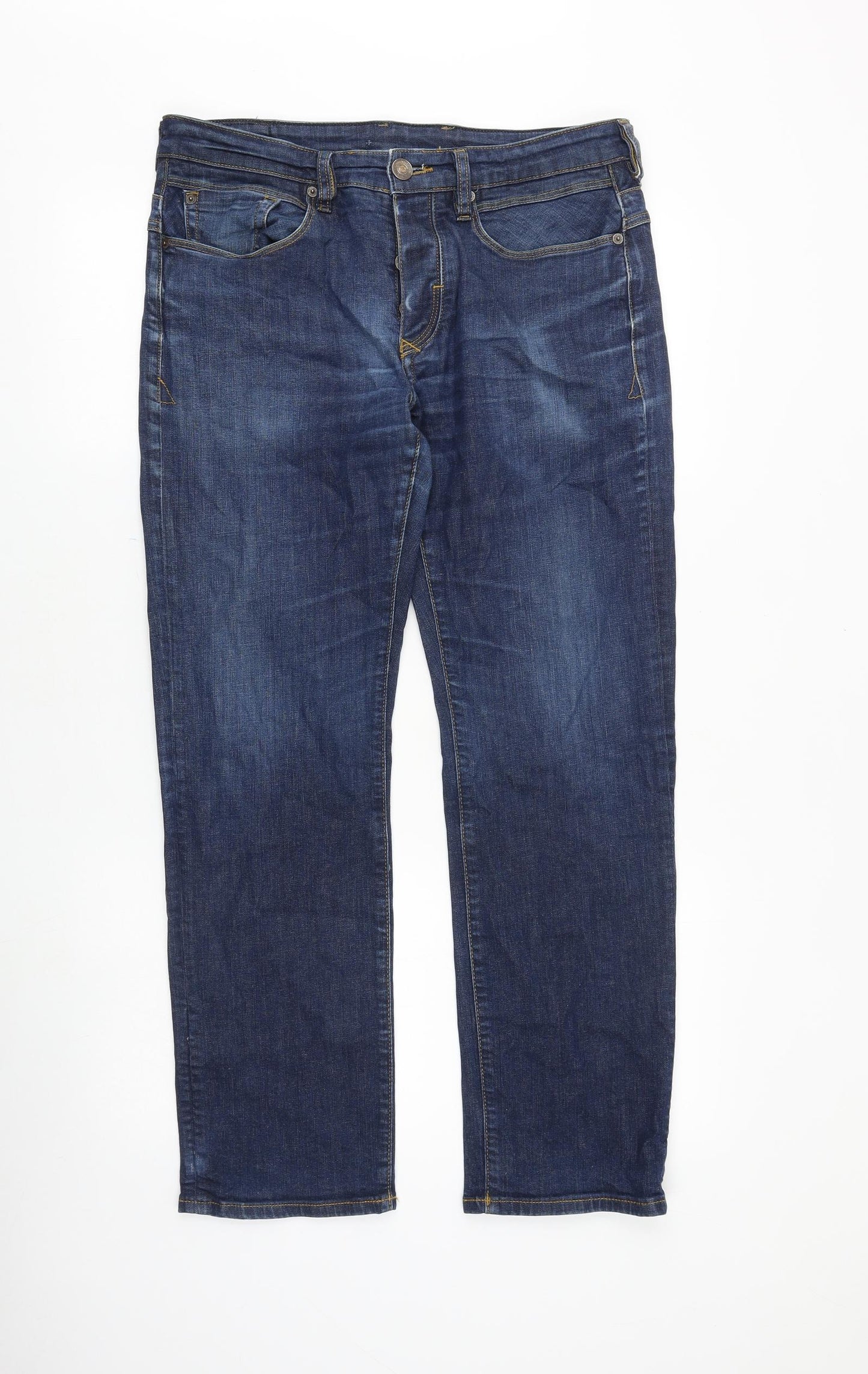 River Island Mens Blue Cotton Straight Jeans Size 32 in L32 in Regular Button
