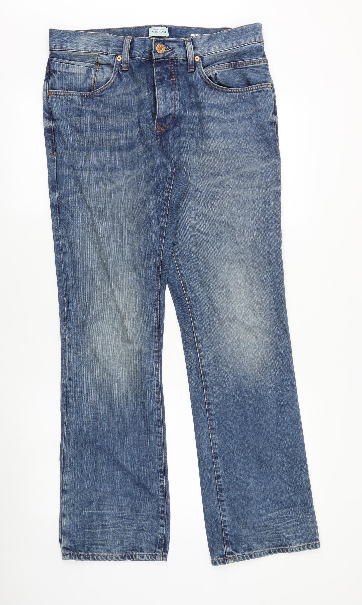River Island Mens Blue Cotton Bootcut Jeans Size 32 in L32 in Regular Button