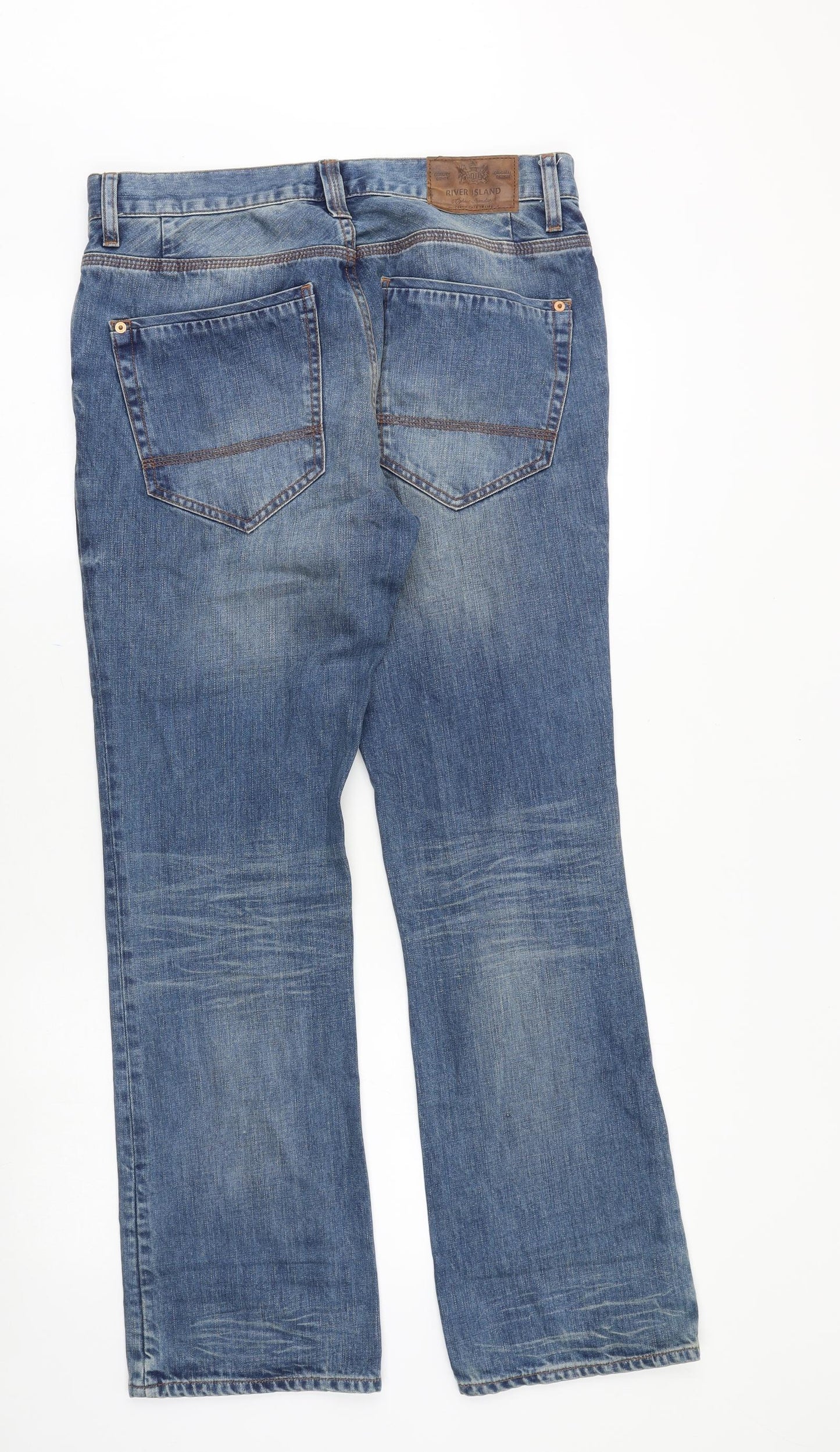River Island Mens Blue Cotton Bootcut Jeans Size 32 in L32 in Regular Button
