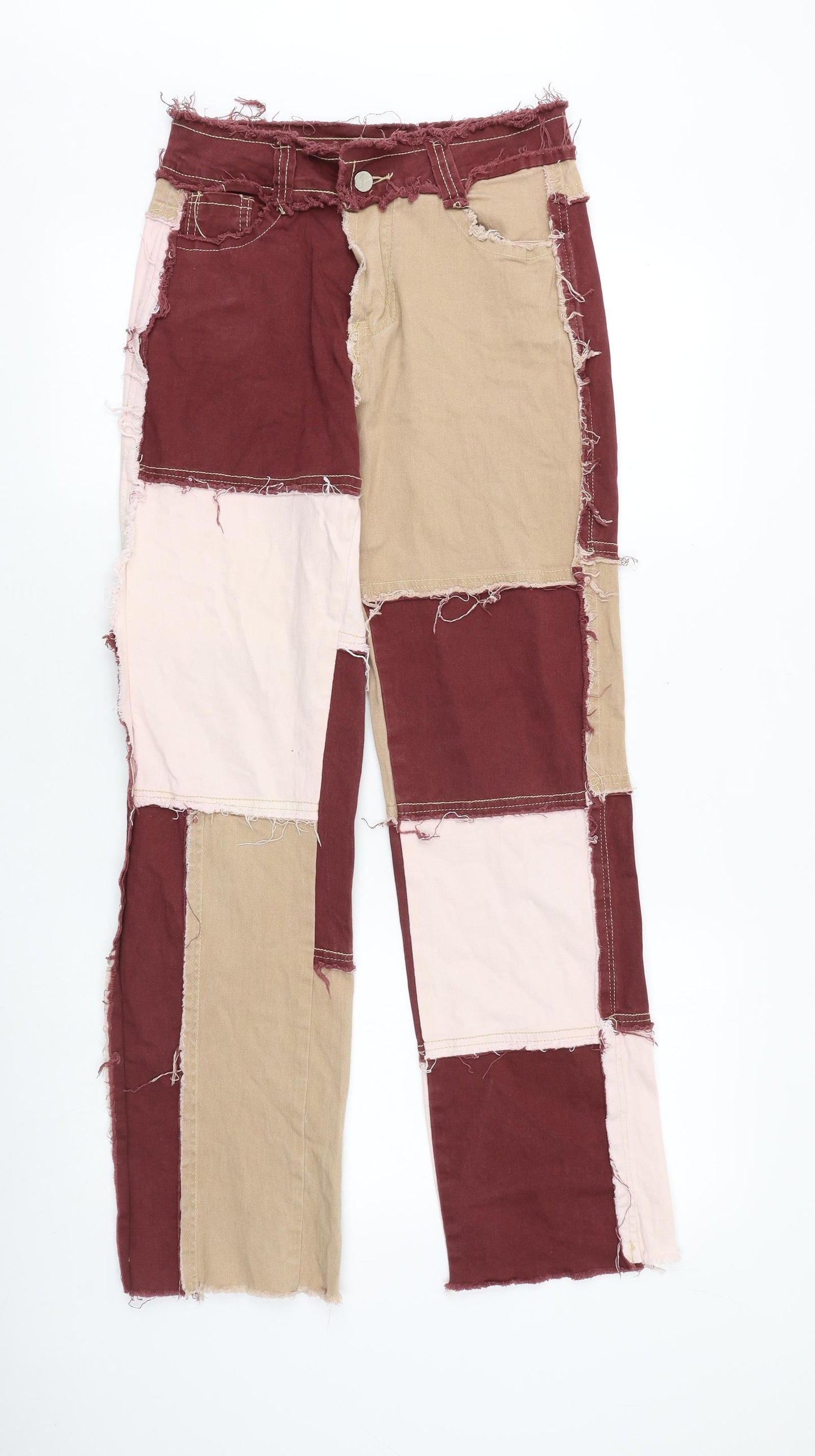 Preworn Womens Multicoloured Geometric Polyester Straight Jeans Size S Regular Zip - Patchwork