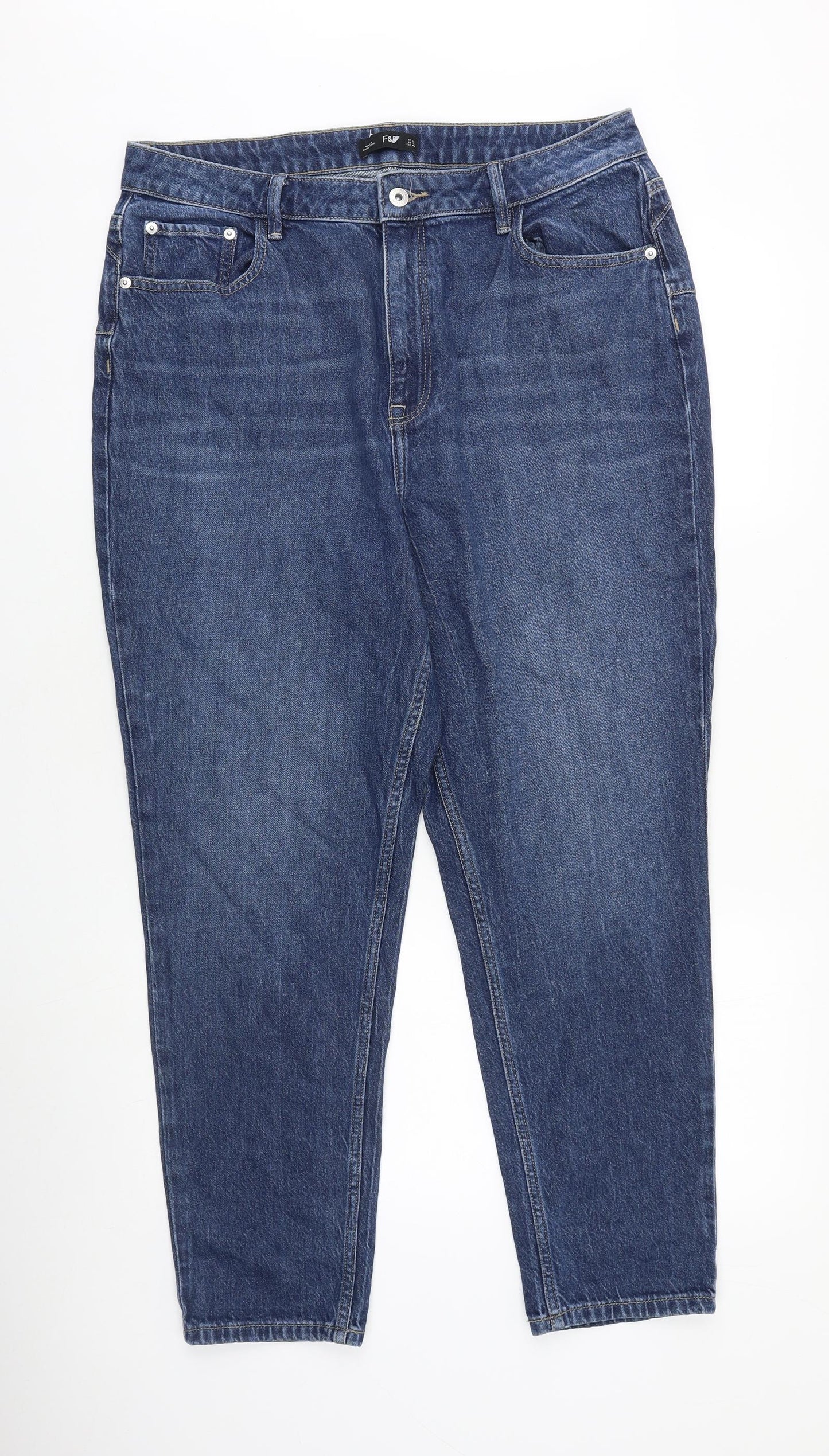 F&F Womens Blue Cotton Mom Jeans Size 16 Regular Zip