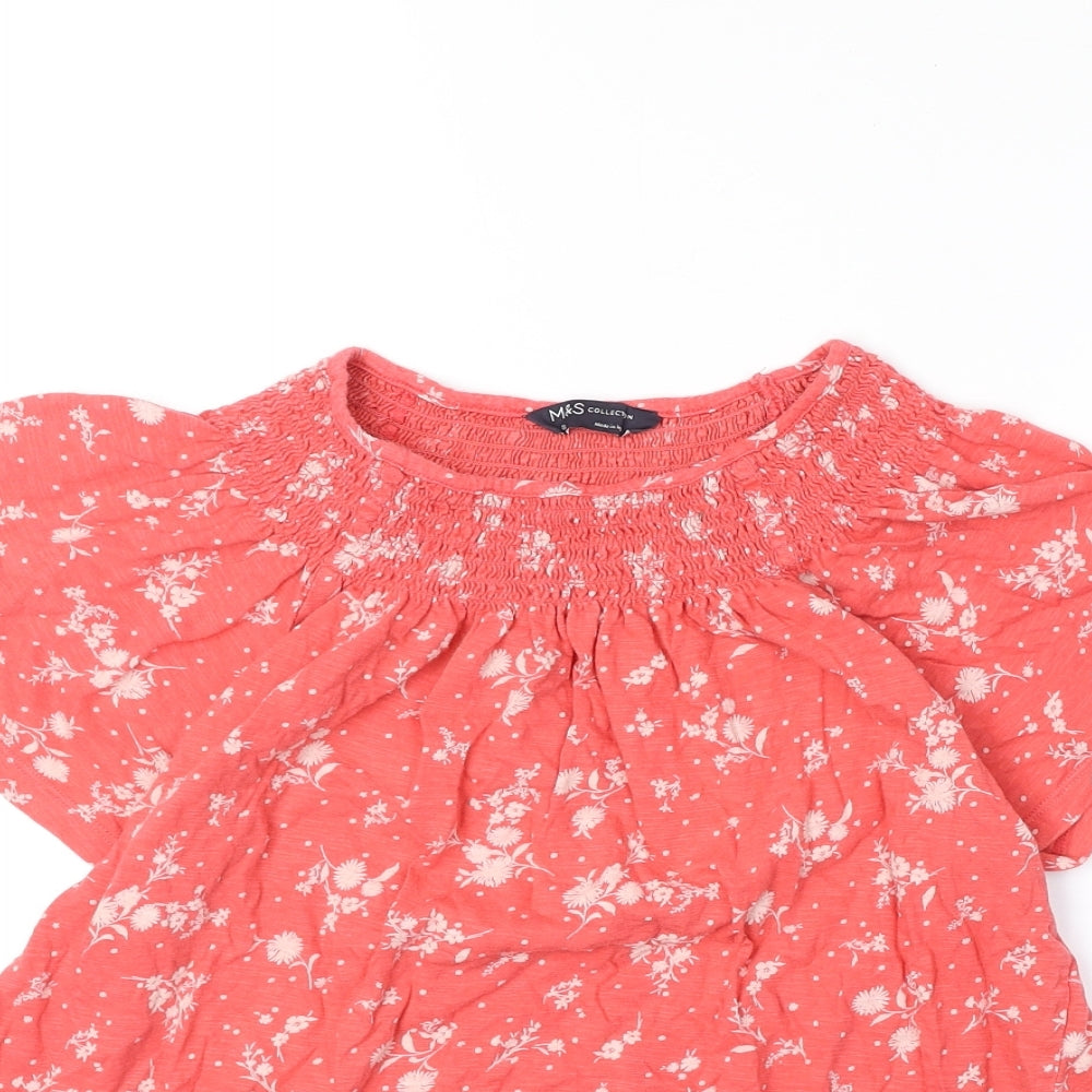 Marks and Spencer Womens Red Geometric 100% Cotton Basic Blouse Size 8 Round Neck