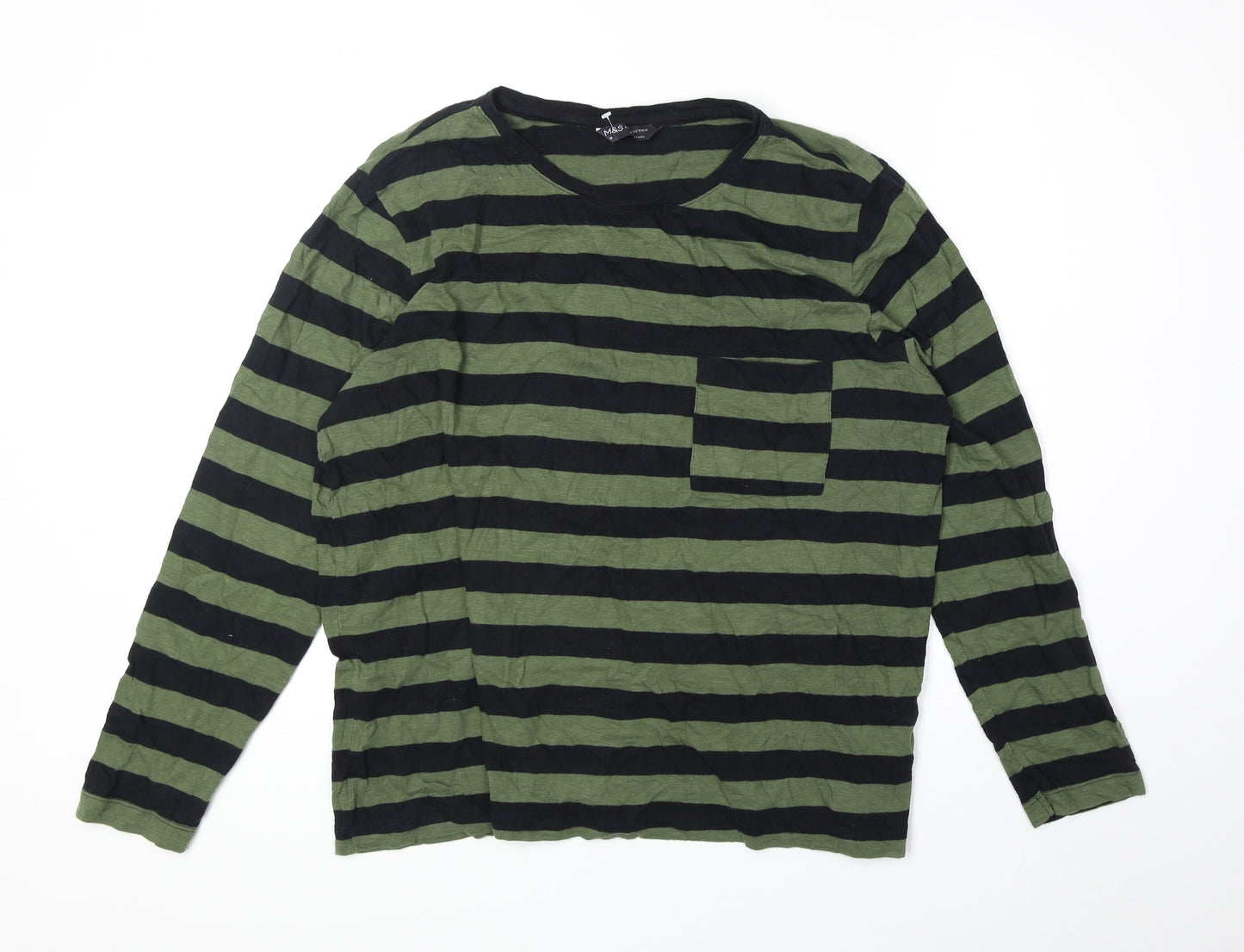 Marks and Spencer Womens Green Striped 100% Cotton Basic T-Shirt Size 16 Round Neck