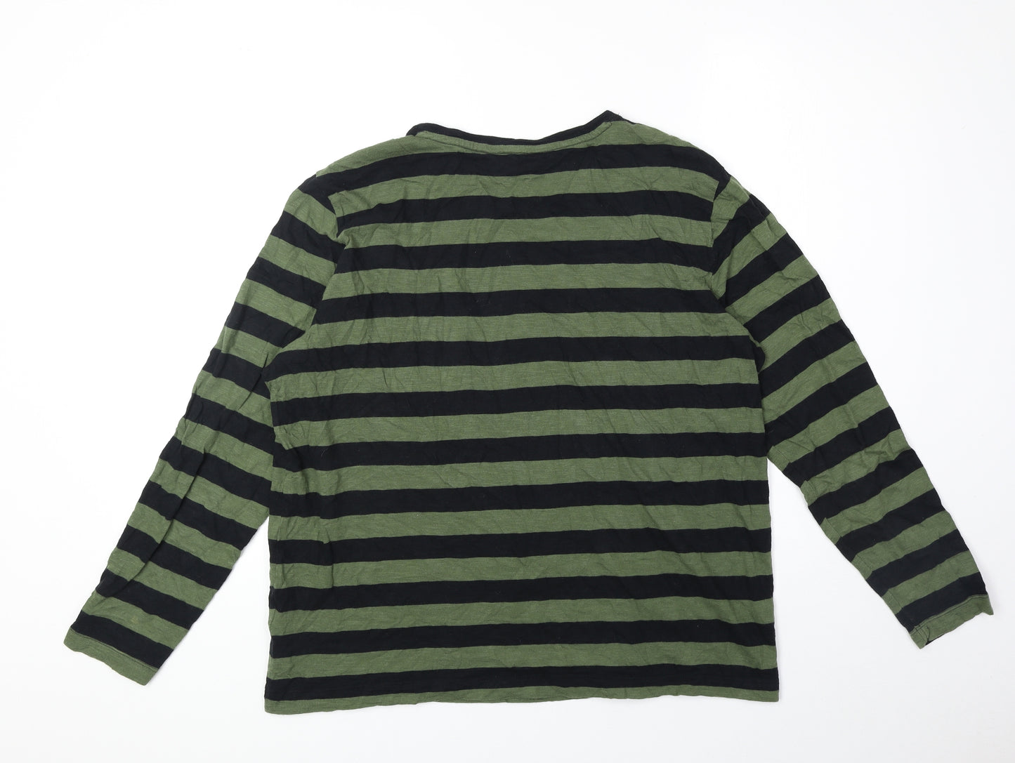 Marks and Spencer Womens Green Striped 100% Cotton Basic T-Shirt Size 16 Round Neck