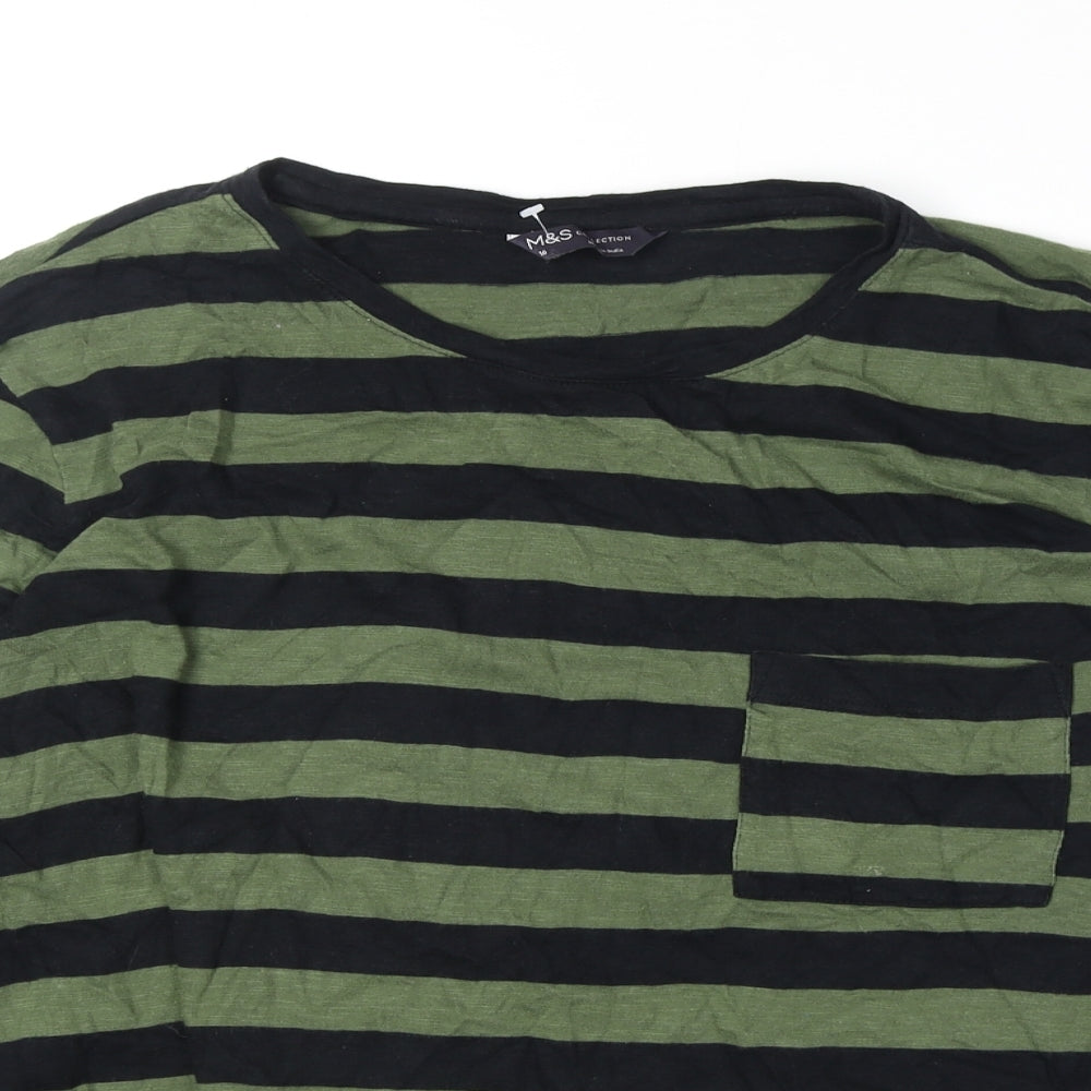 Marks and Spencer Womens Green Striped 100% Cotton Basic T-Shirt Size 16 Round Neck