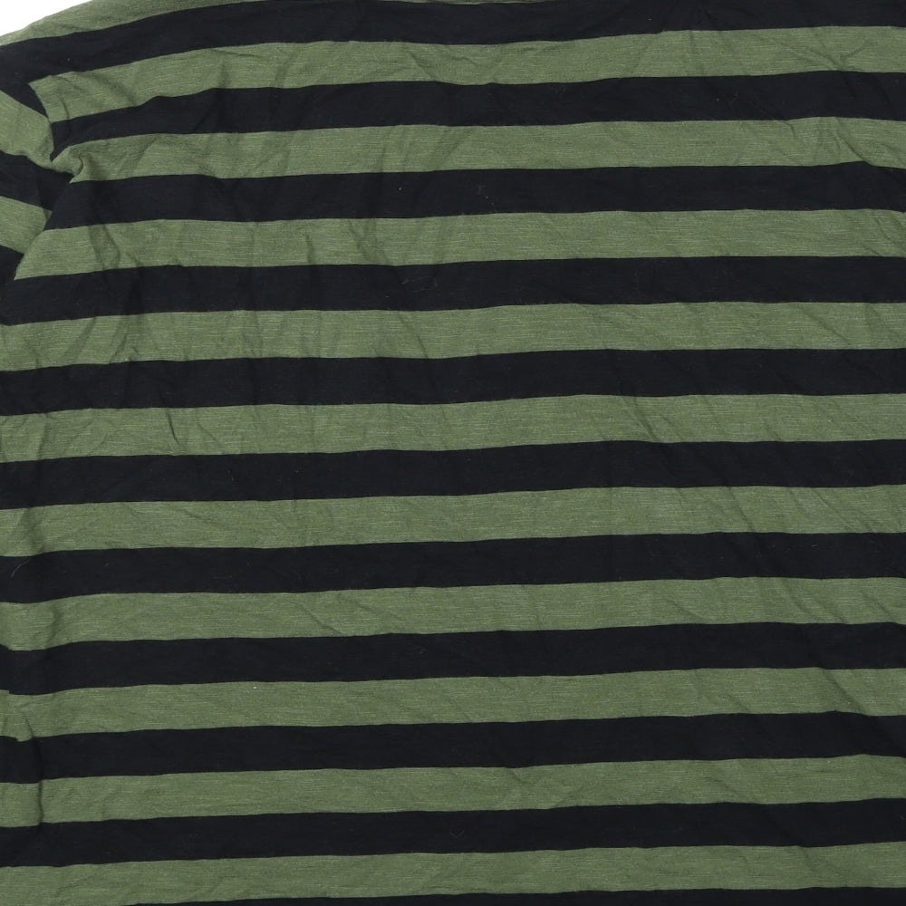 Marks and Spencer Womens Green Striped 100% Cotton Basic T-Shirt Size 16 Round Neck