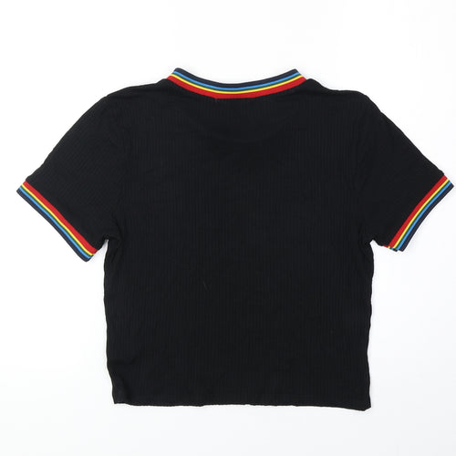 Trés Bien Womens Black Striped Viscose Cropped T-Shirt Size L Round Neck