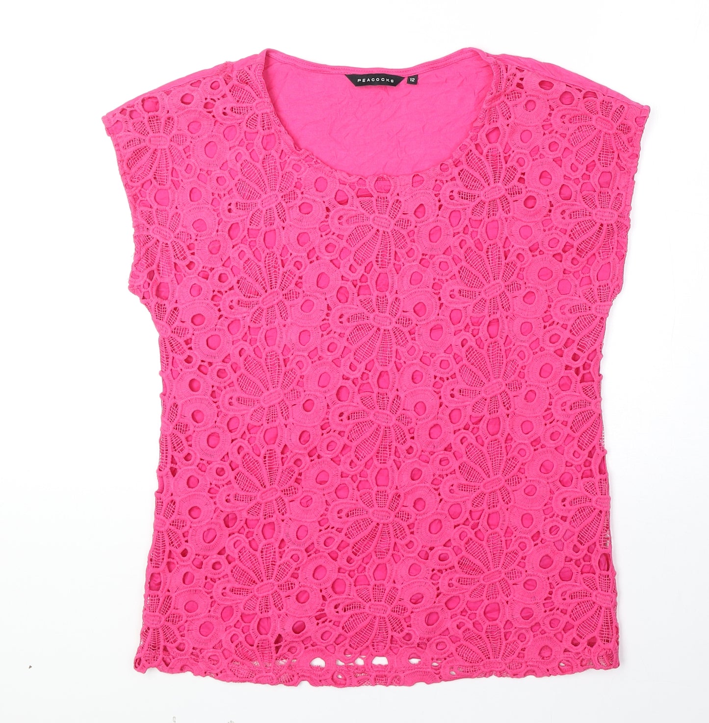 Peacocks Womens Pink Geometric Polyester Basic Blouse Size 12 Round Neck - Broderie Anglaise Detail
