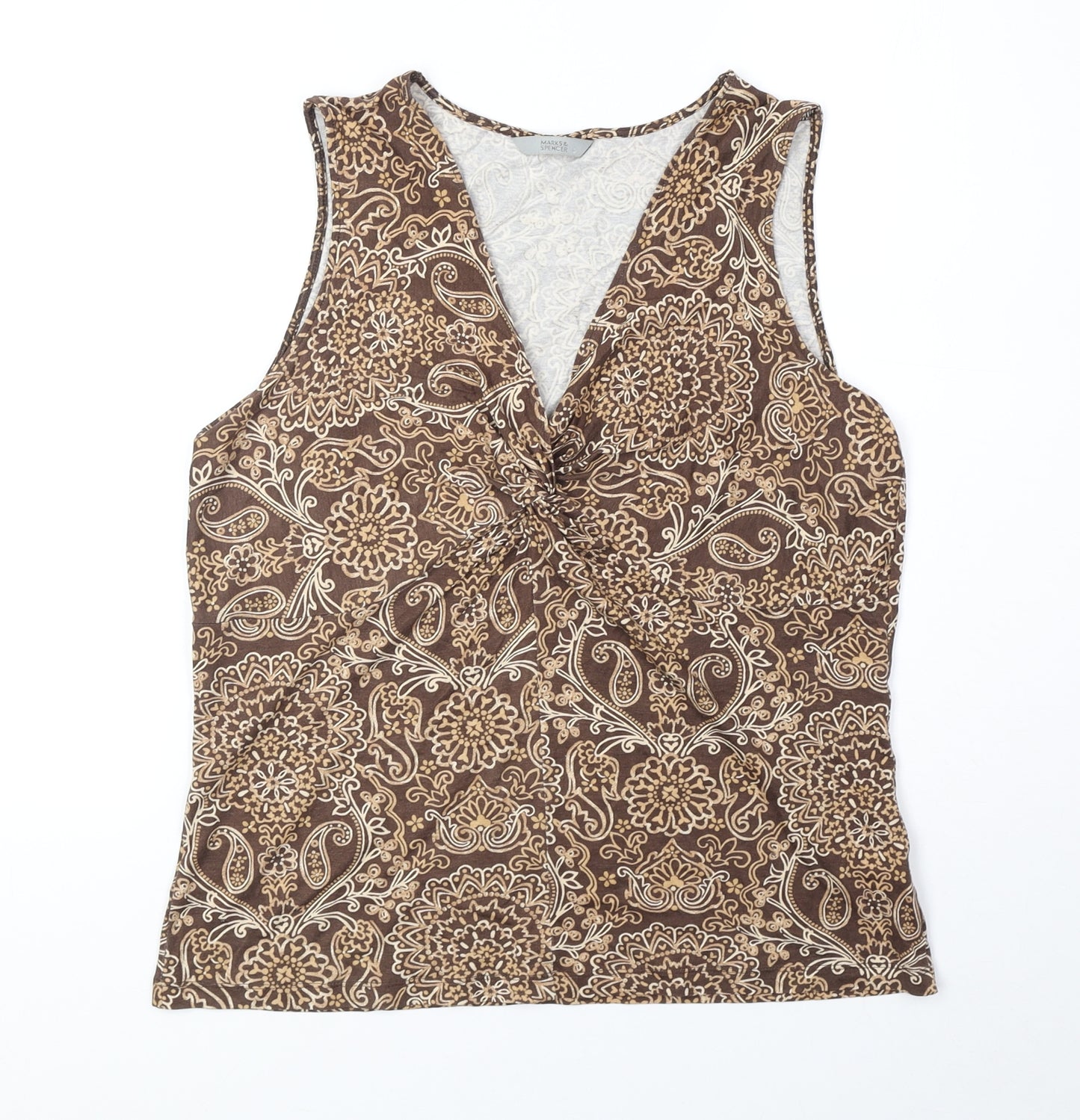 Marks and Spencer Womens Brown Geometric Viscose Basic Tank Size 16 V-Neck