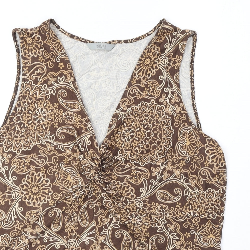 Marks and Spencer Womens Brown Geometric Viscose Basic Tank Size 16 V-Neck