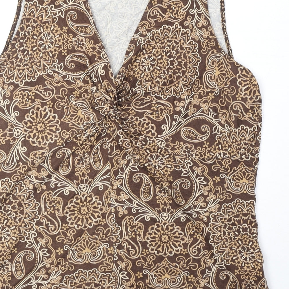 Marks and Spencer Womens Brown Geometric Viscose Basic Tank Size 16 V-Neck