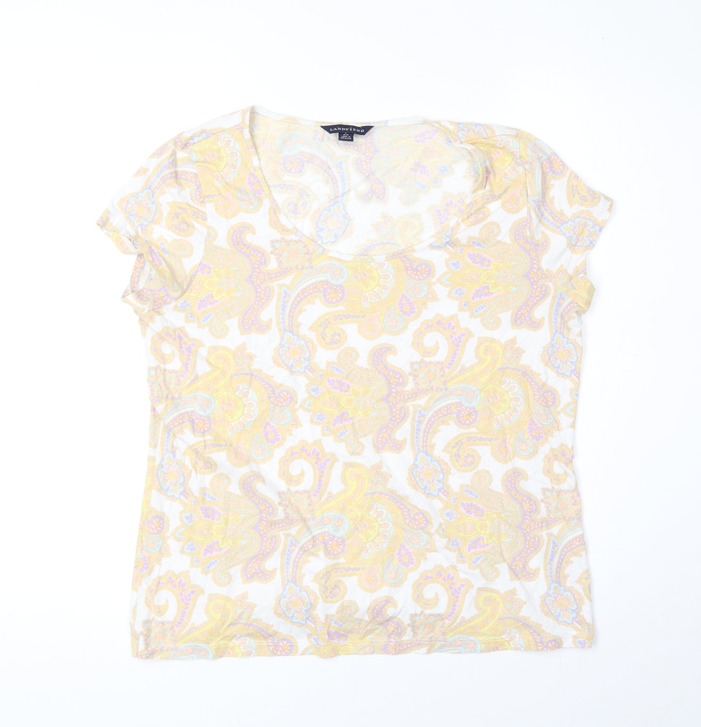 Lands' End Womens White Paisley Viscose Basic T-Shirt Size 10 Scoop Neck