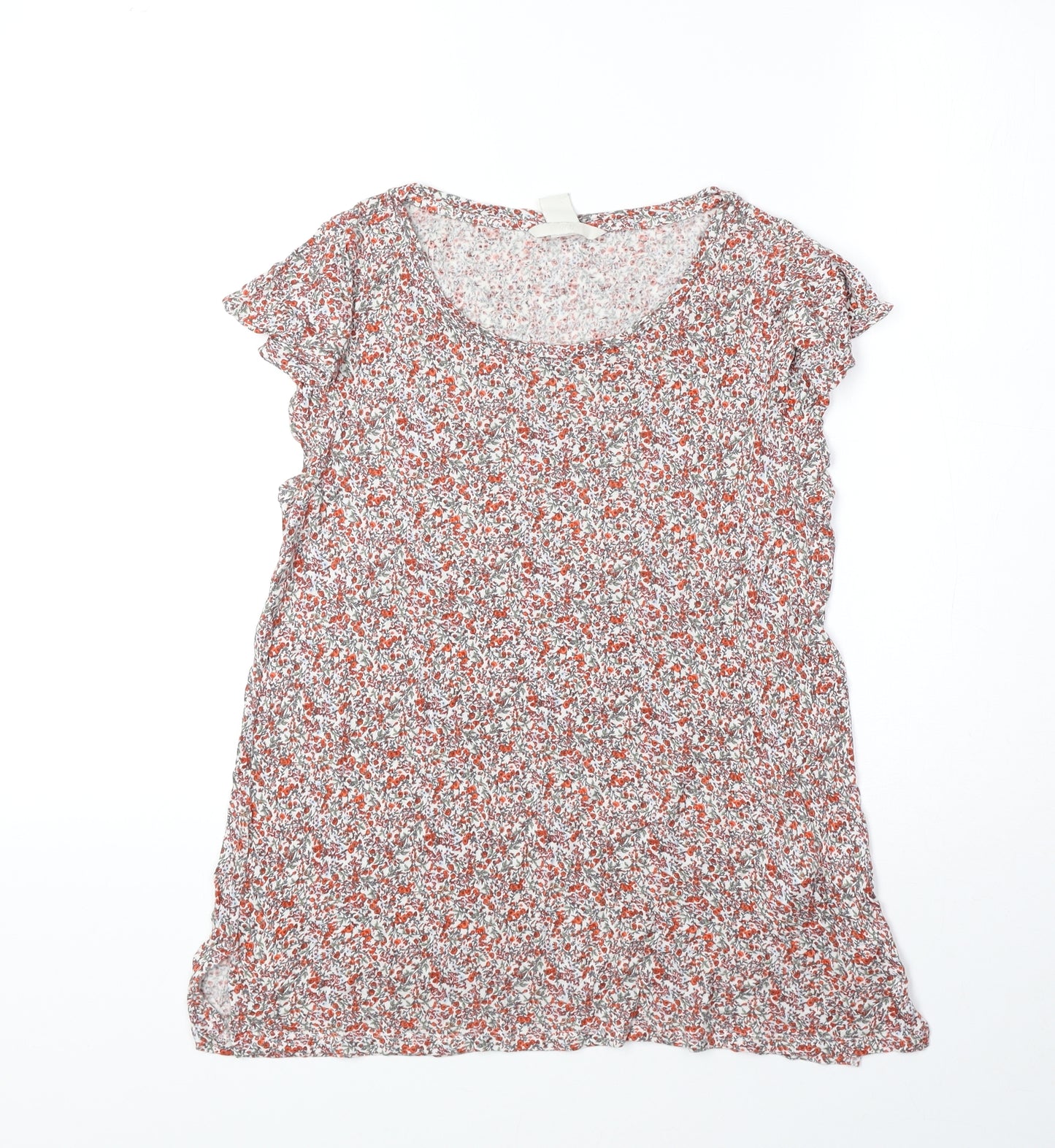H&M Womens Red Floral Viscose Basic T-Shirt Size S Boat Neck