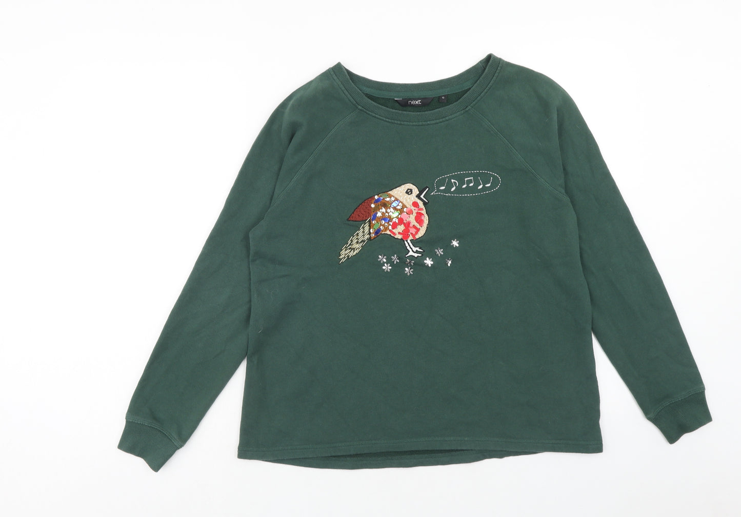 NEXT Womens Green Cotton Pullover Sweatshirt Size 12 Pullover - Robin Christmas
