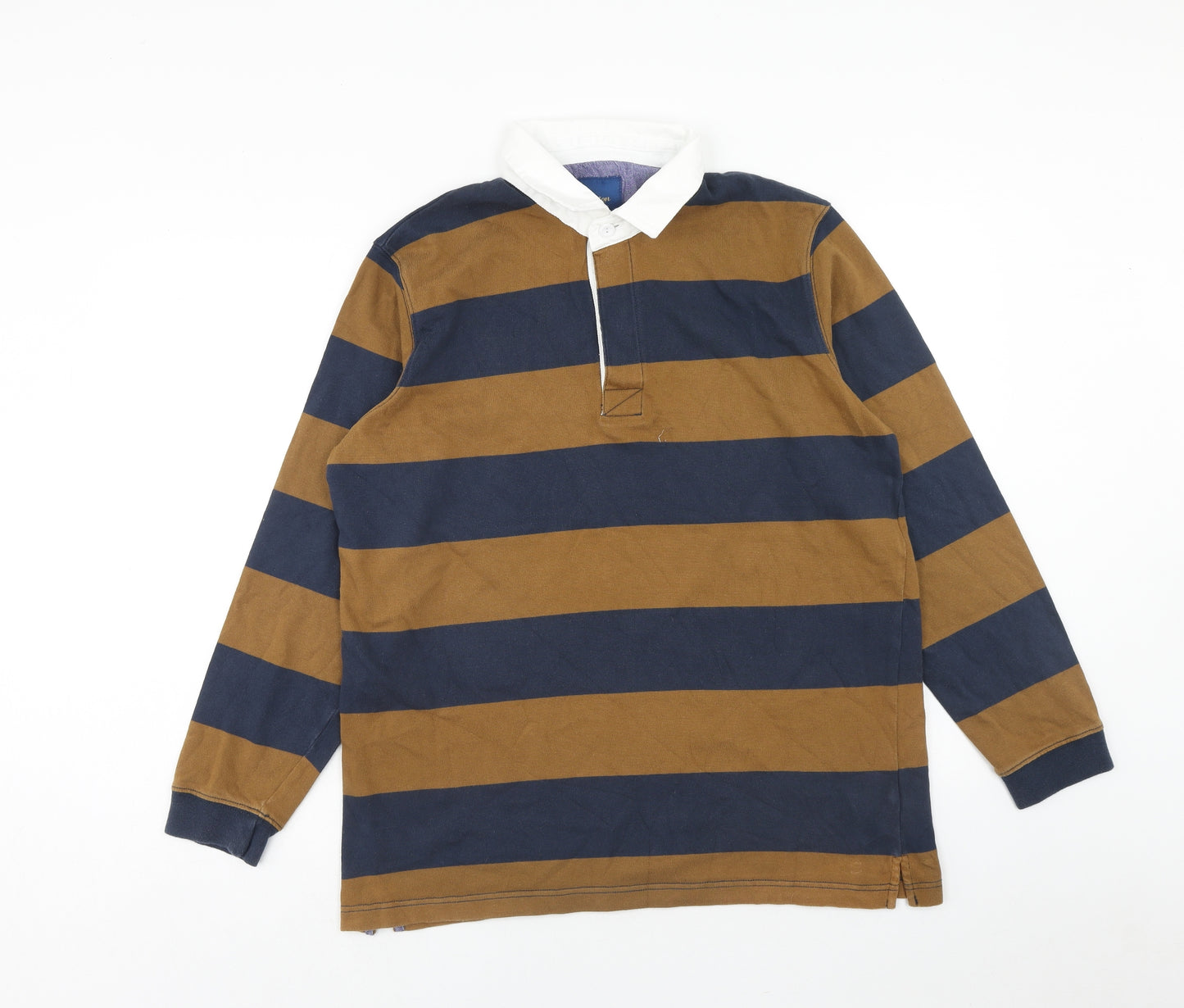 Cotton Traders Mens Brown Striped Cotton Polo Size L Collared Button