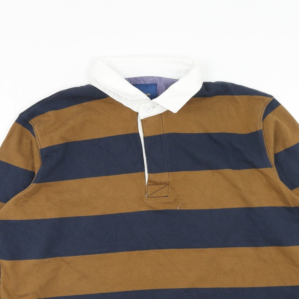 Cotton Traders Mens Brown Striped Cotton Polo Size L Collared Button