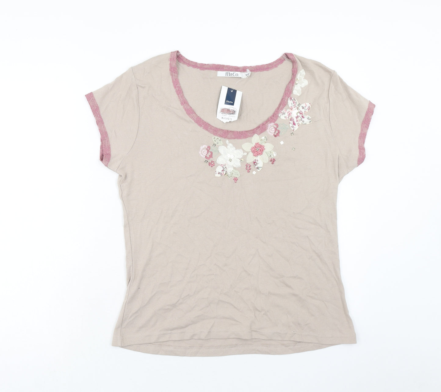 M&Co Womens Pink Floral Cotton Basic T-Shirt Size 2XL Scoop Neck