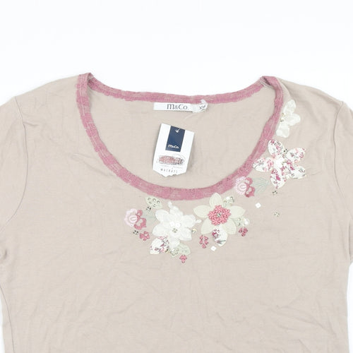 M&Co Womens Pink Floral Cotton Basic T-Shirt Size 2XL Scoop Neck