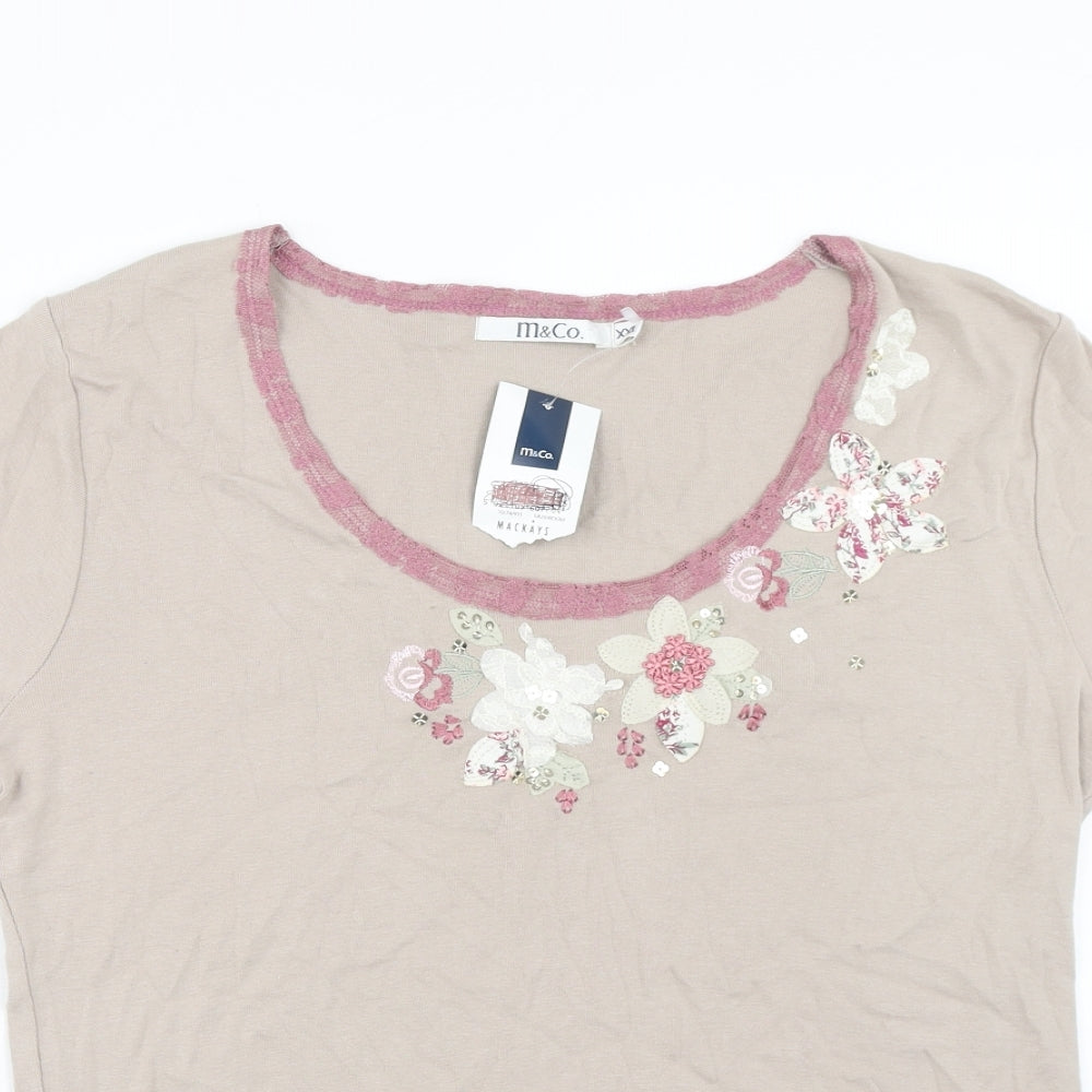 M&Co Womens Pink Floral Cotton Basic T-Shirt Size 2XL Scoop Neck